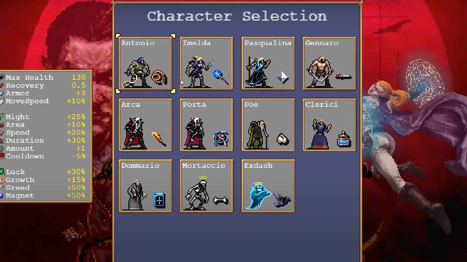 The Character Select screen in Vampire Survivors