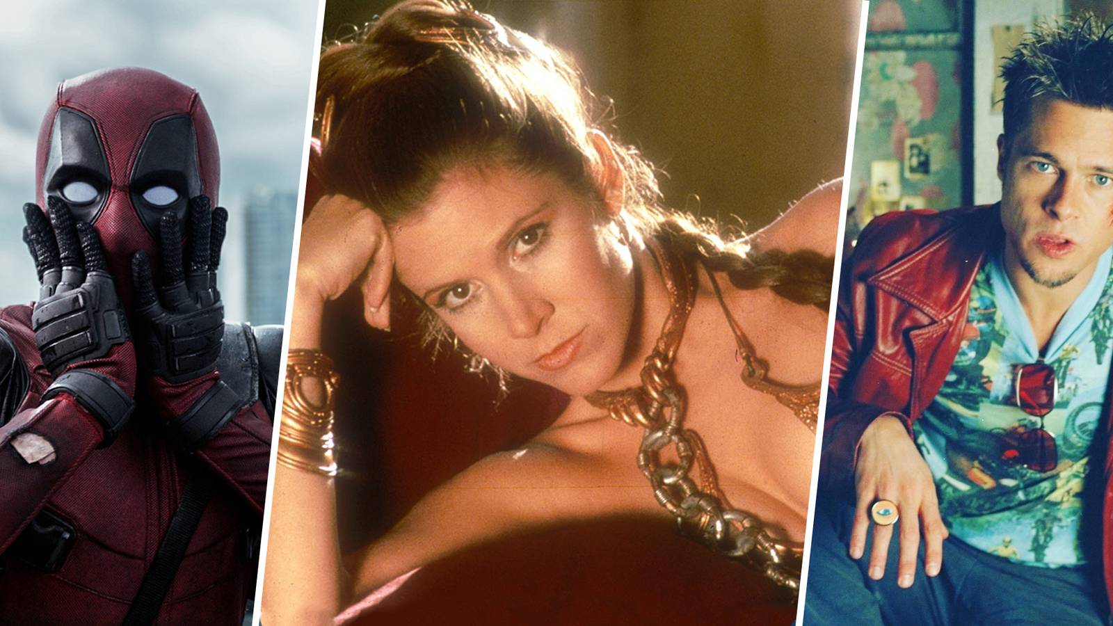 Deadpool looks shocked, Princess Leia dressed in her Jabba's slave bikini, and Tyler Durden from Fight Club