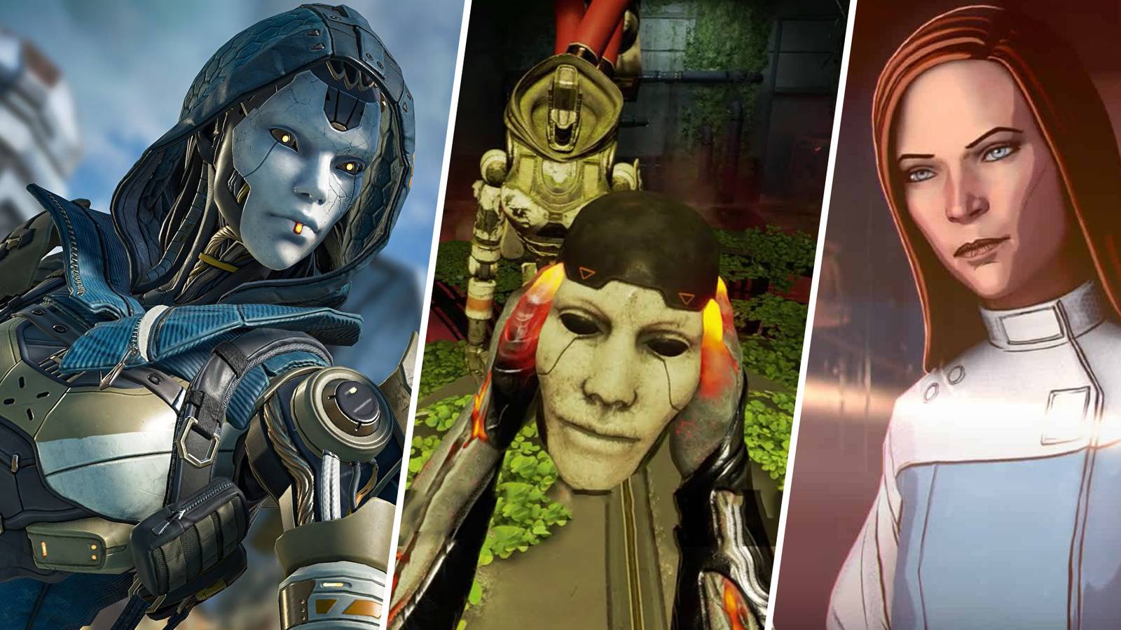 Ash the simulacrum, Ash's disembodied head, and her human persona Ashleigh Reid, from Apex Legends