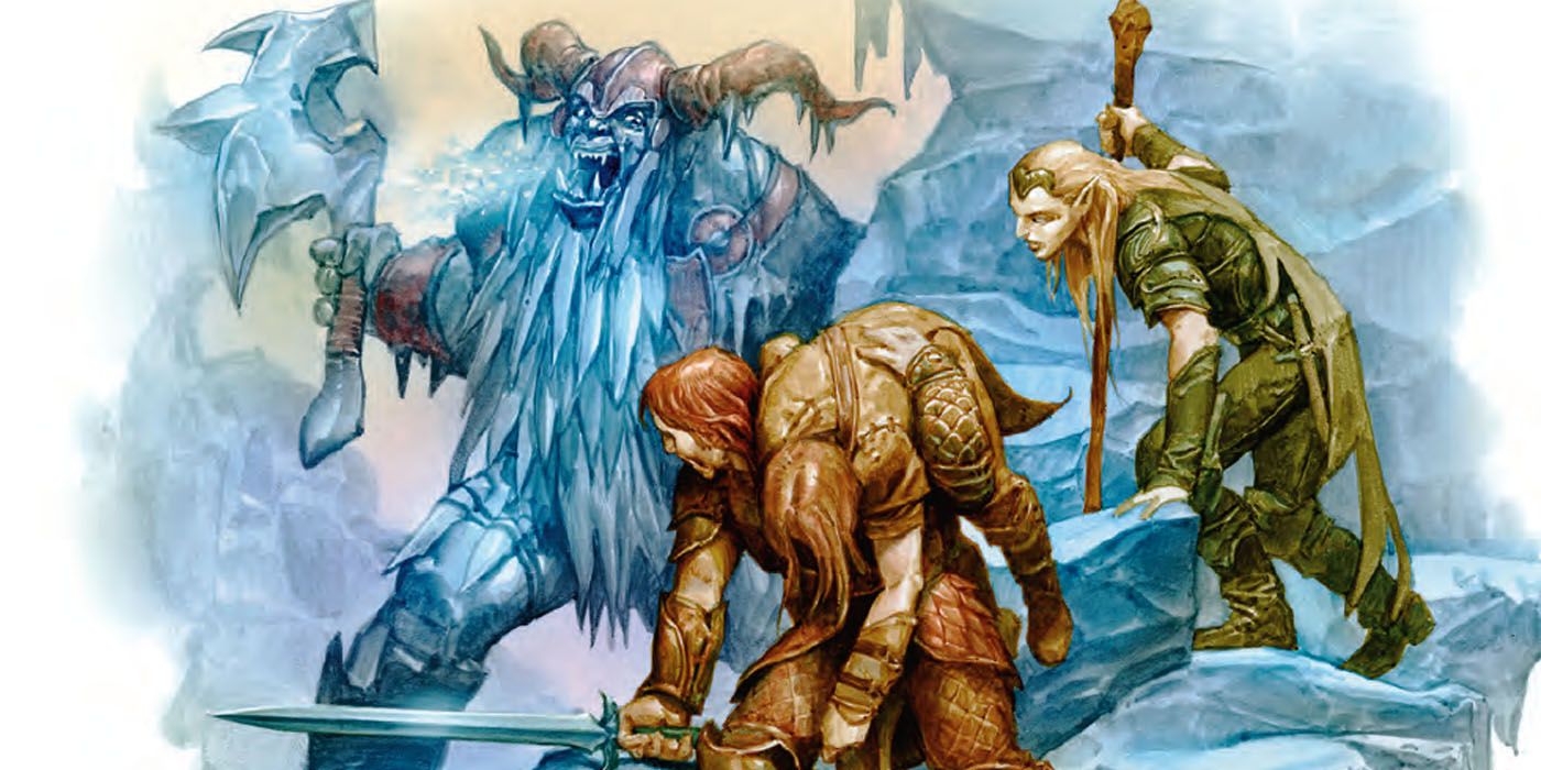 Fighting a frost giant in a winter-themed adventure