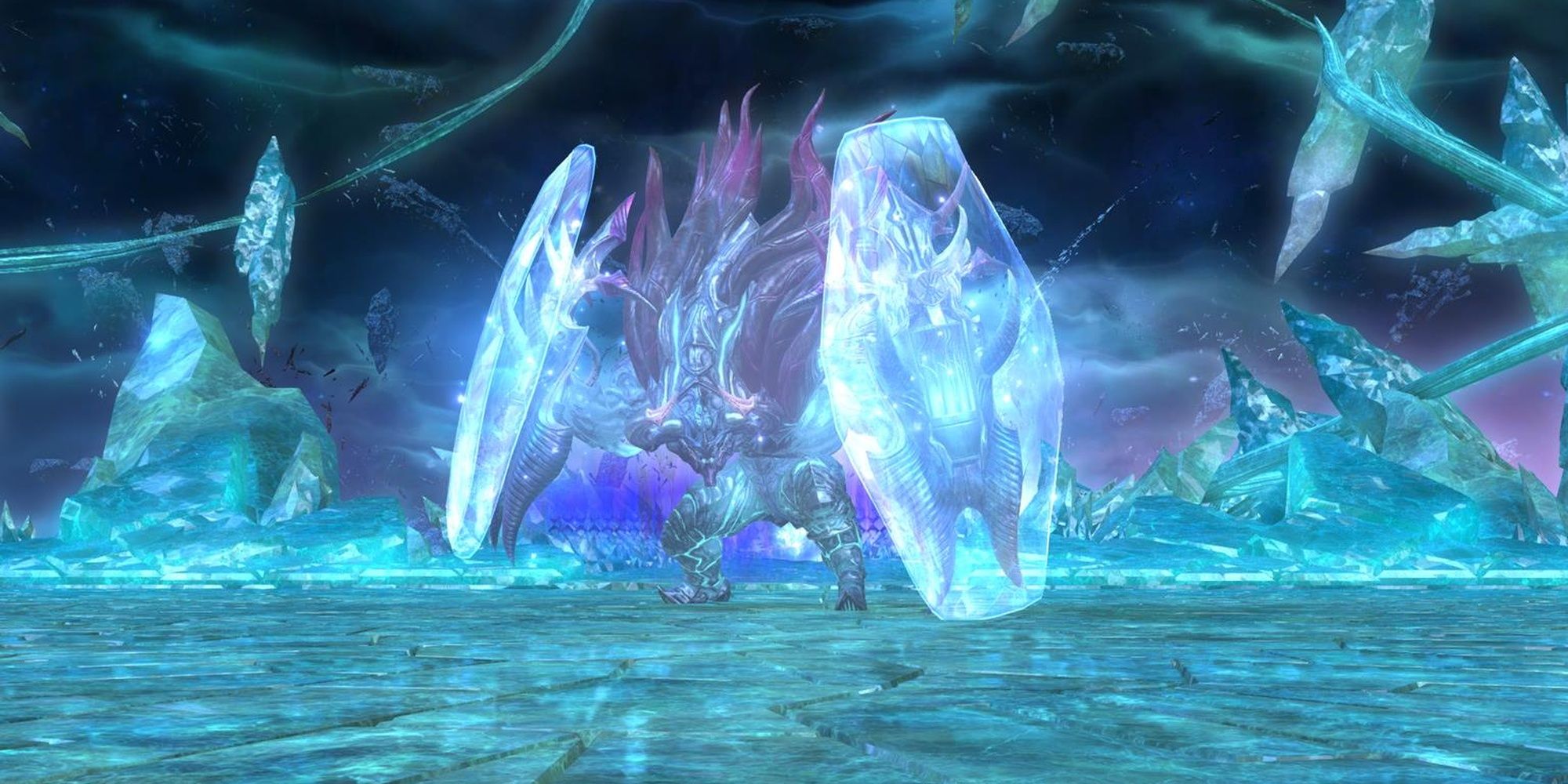 The Aitiascope dungeon from Final Fantasy 14: Endwalker. A beast holding an energy shield in each hand stands on a platform of blue crystal.