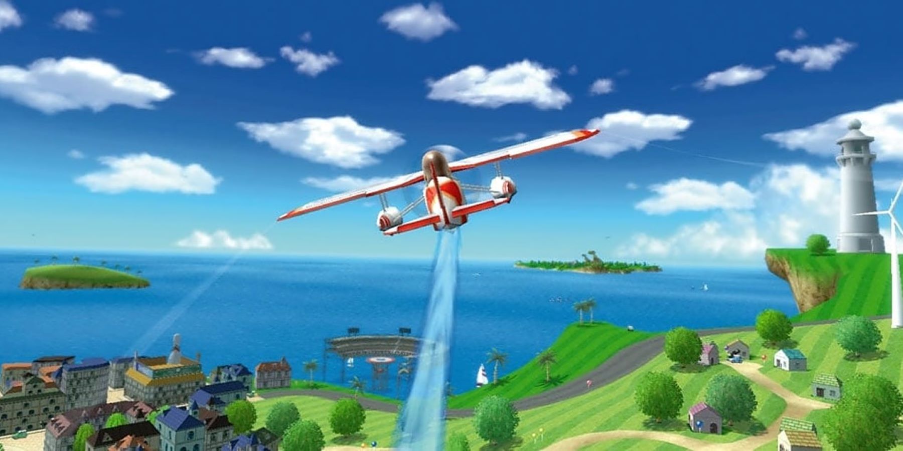 A Mii flying over Wuhu Island in Wii Sports Resort
