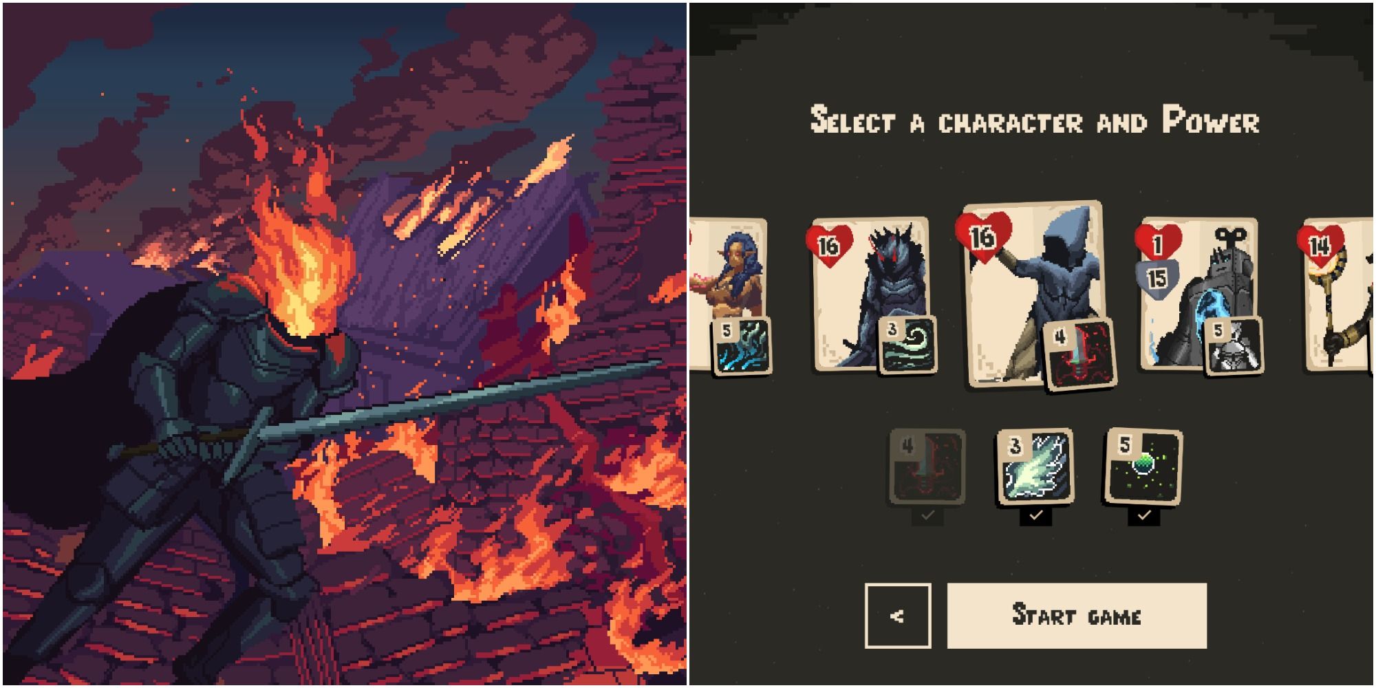 Forward Escape the Fold split image A knight on fire in front of a burning castle and a character select screen made from card