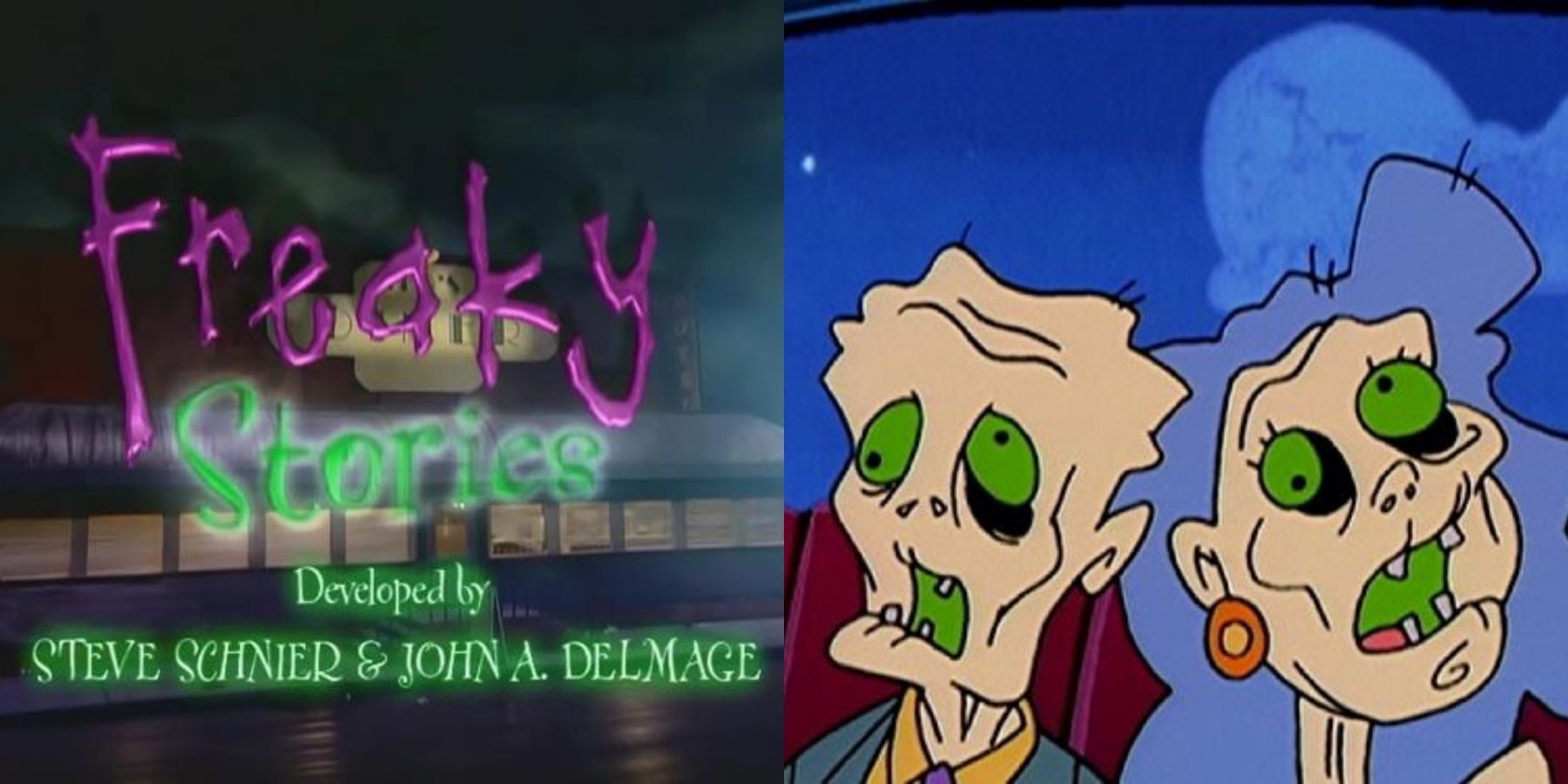 Split image of title credits and cartoon of two faces in Freaky Stories