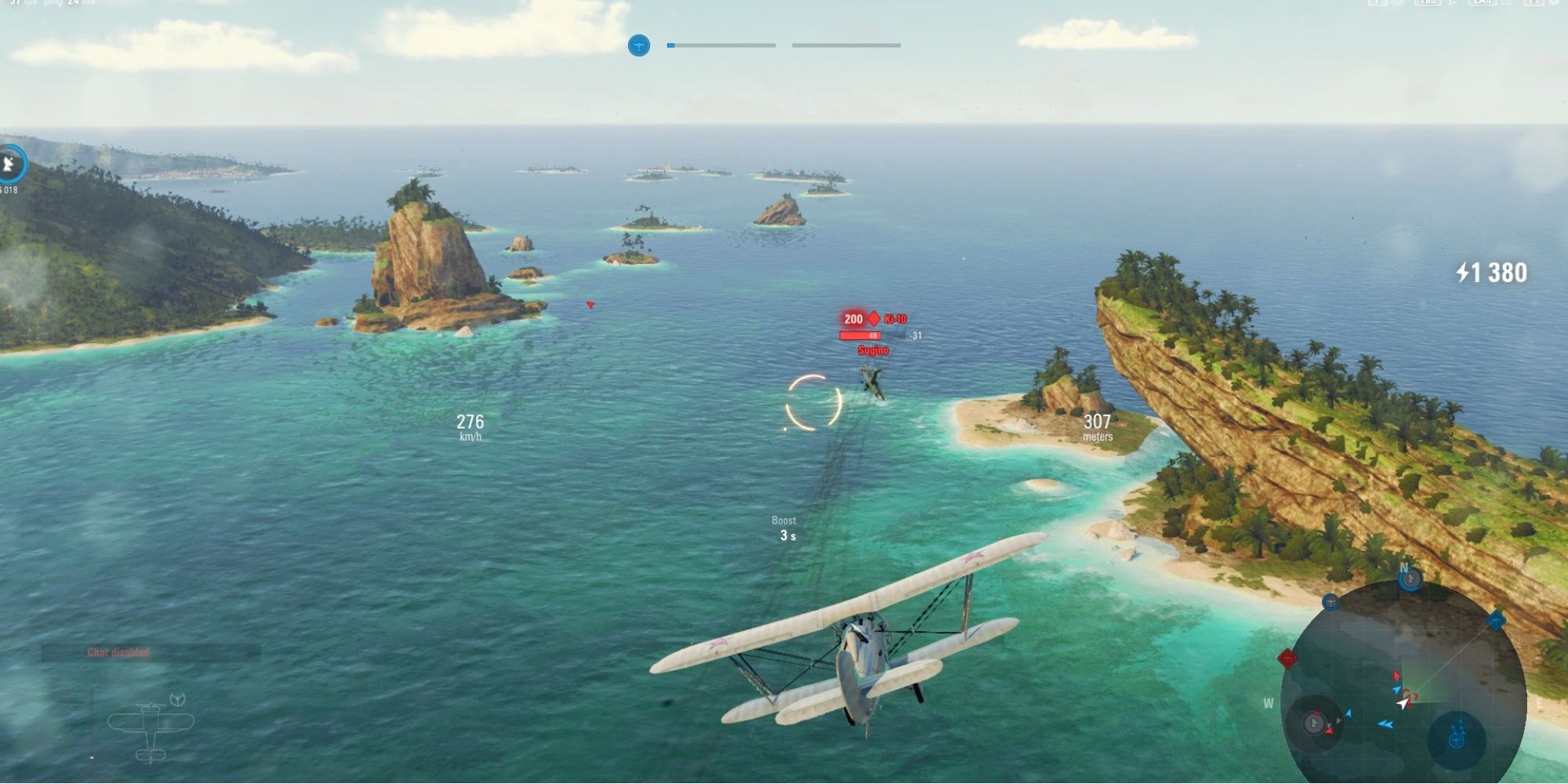 Free-to-play Games in 2022 - World of Warplanes - 1-5 SHKAS Pack - player flies fighter jet across an ocean