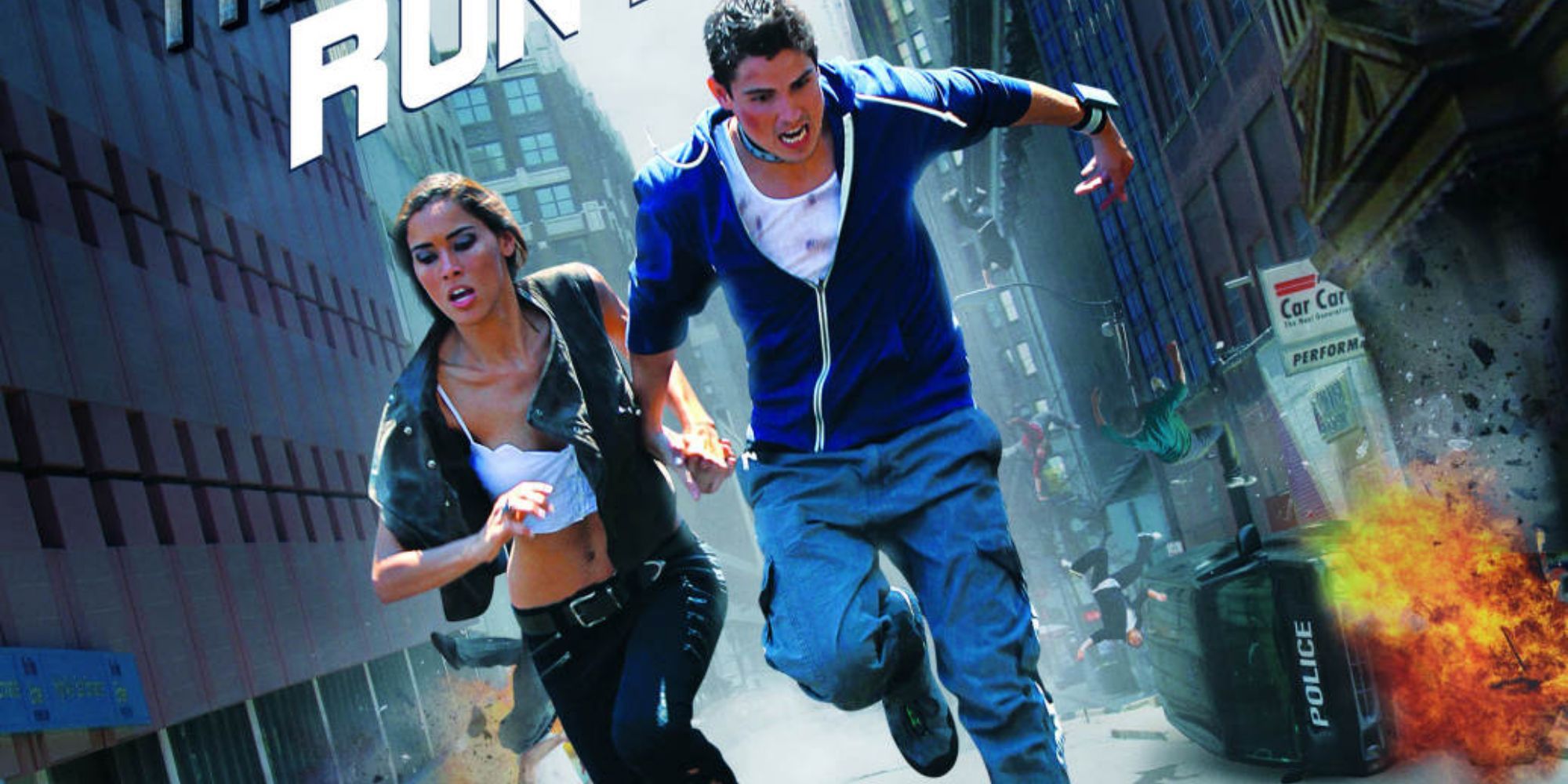 The two protagonists in Freerunner running from an explosion