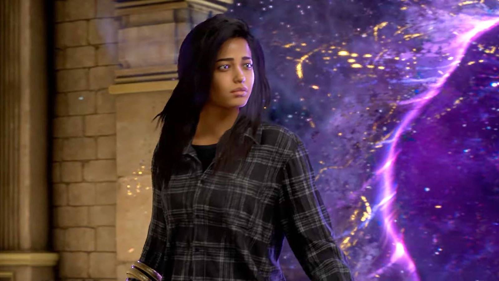 Frey Holland stepping out of a portal into Athia in Forspoken