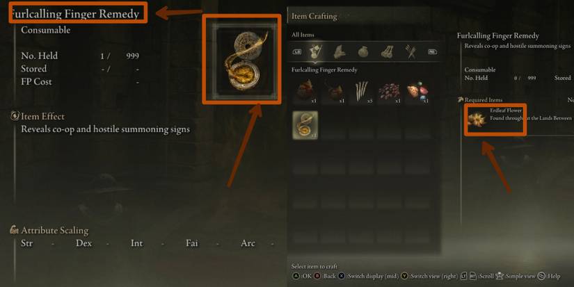 Furlcalling Finger Remedy and erdleaf flower in elden ring