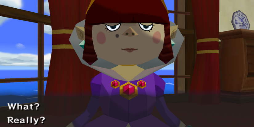 Maggie from Wind Waker. She wears a purple dress in a fine house.