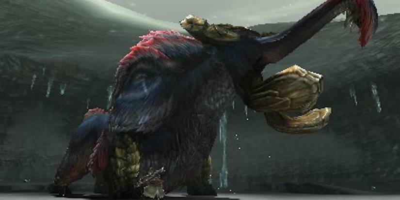 A Hunter trembling beside a roaring Gammoth in Monster Hunter Generations on 3DS