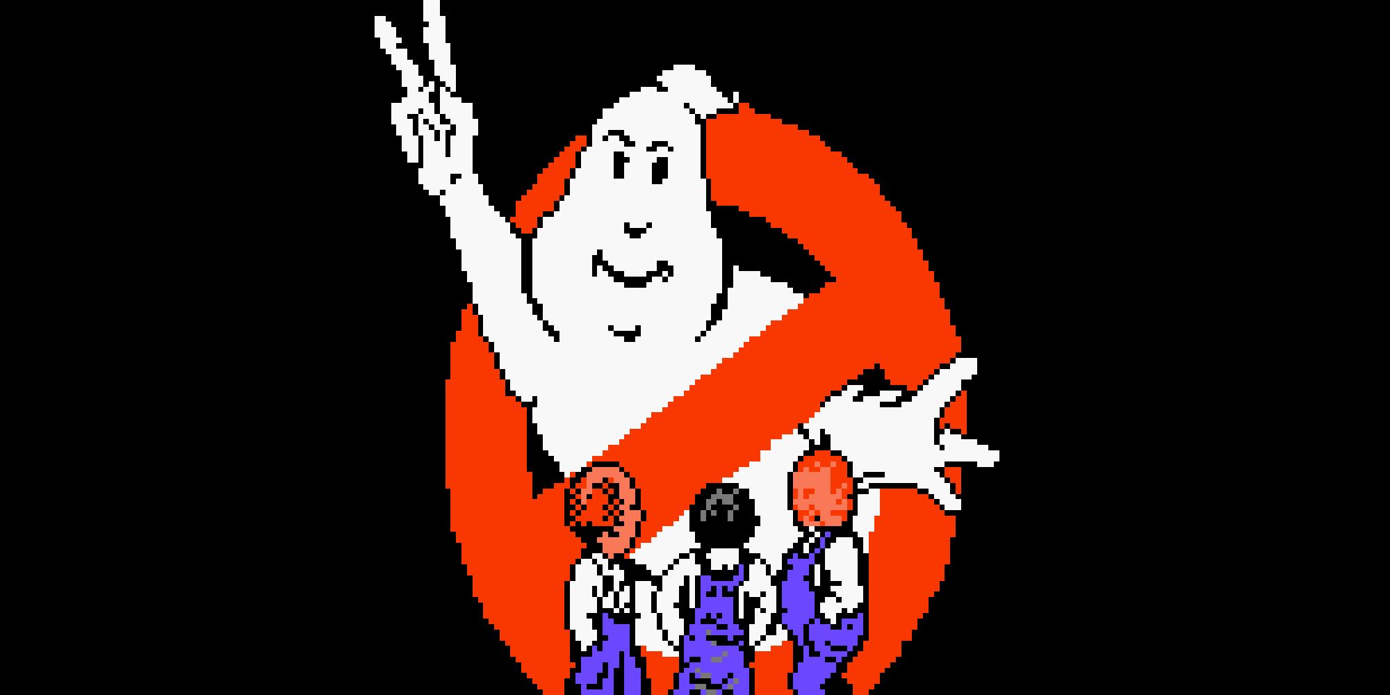 Три марионетки стоят перед логотипом Ghostbusters 2 в своей игре для NES.