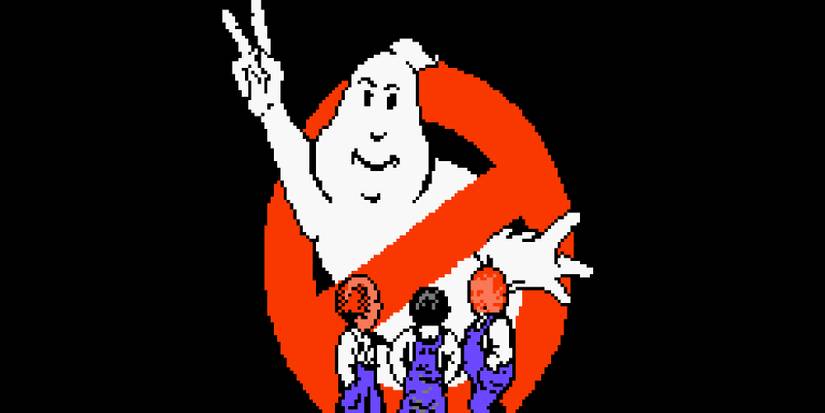 The Three Stooges standing in front of the Ghostbusters 2 logo in their NES game