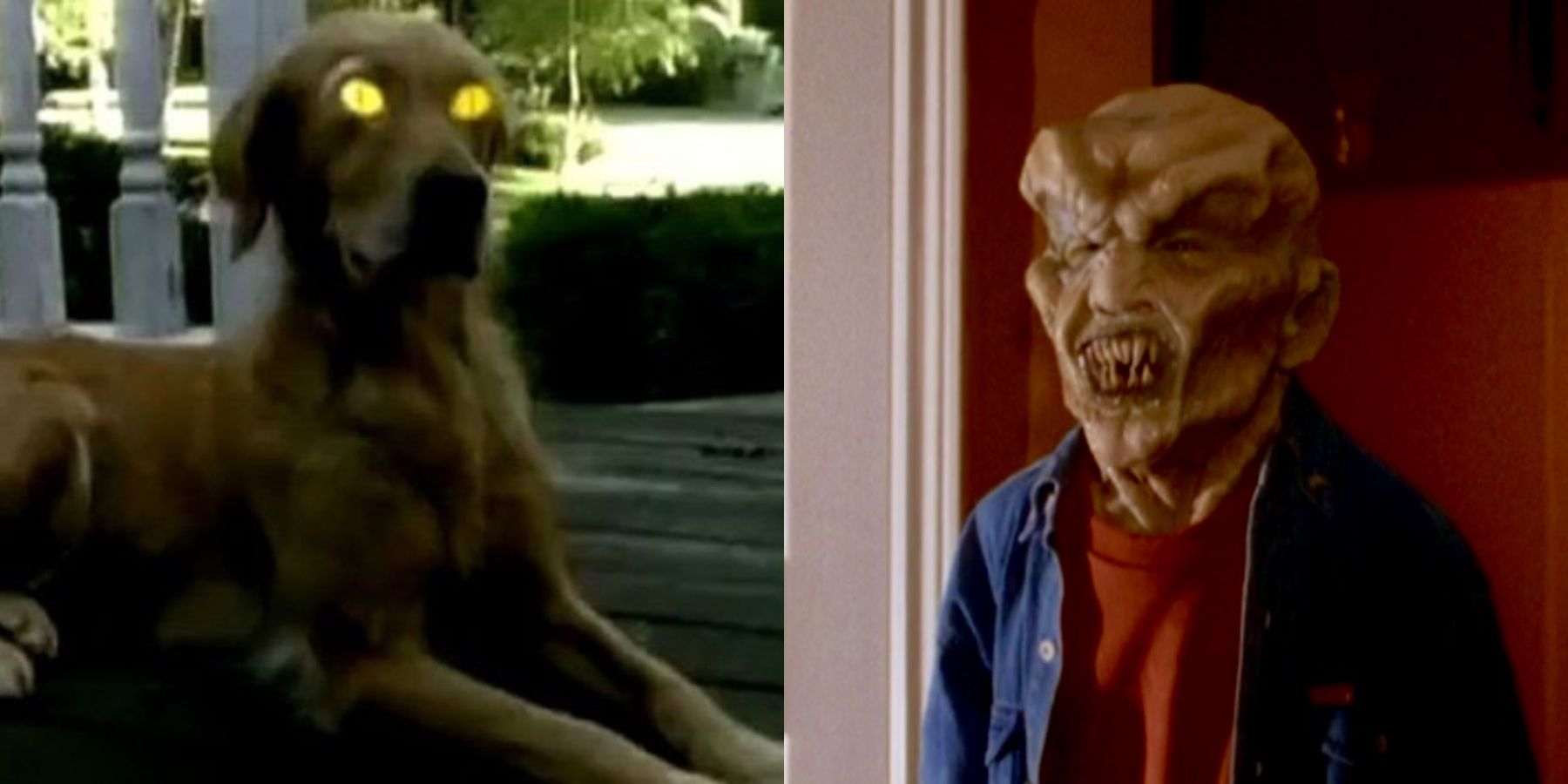 Split image of dog with lit up eyes and haunted mask in Goosebumps
