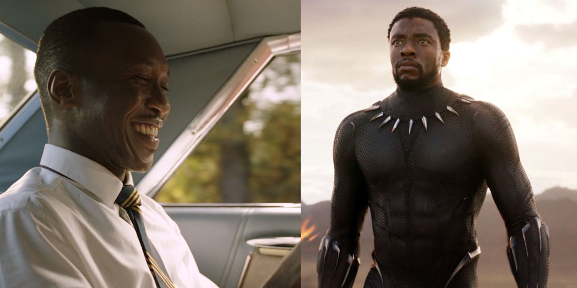 Mahershala Ali smiling in Green Book; Chadwick Boseman as T'Challa in Black Panther