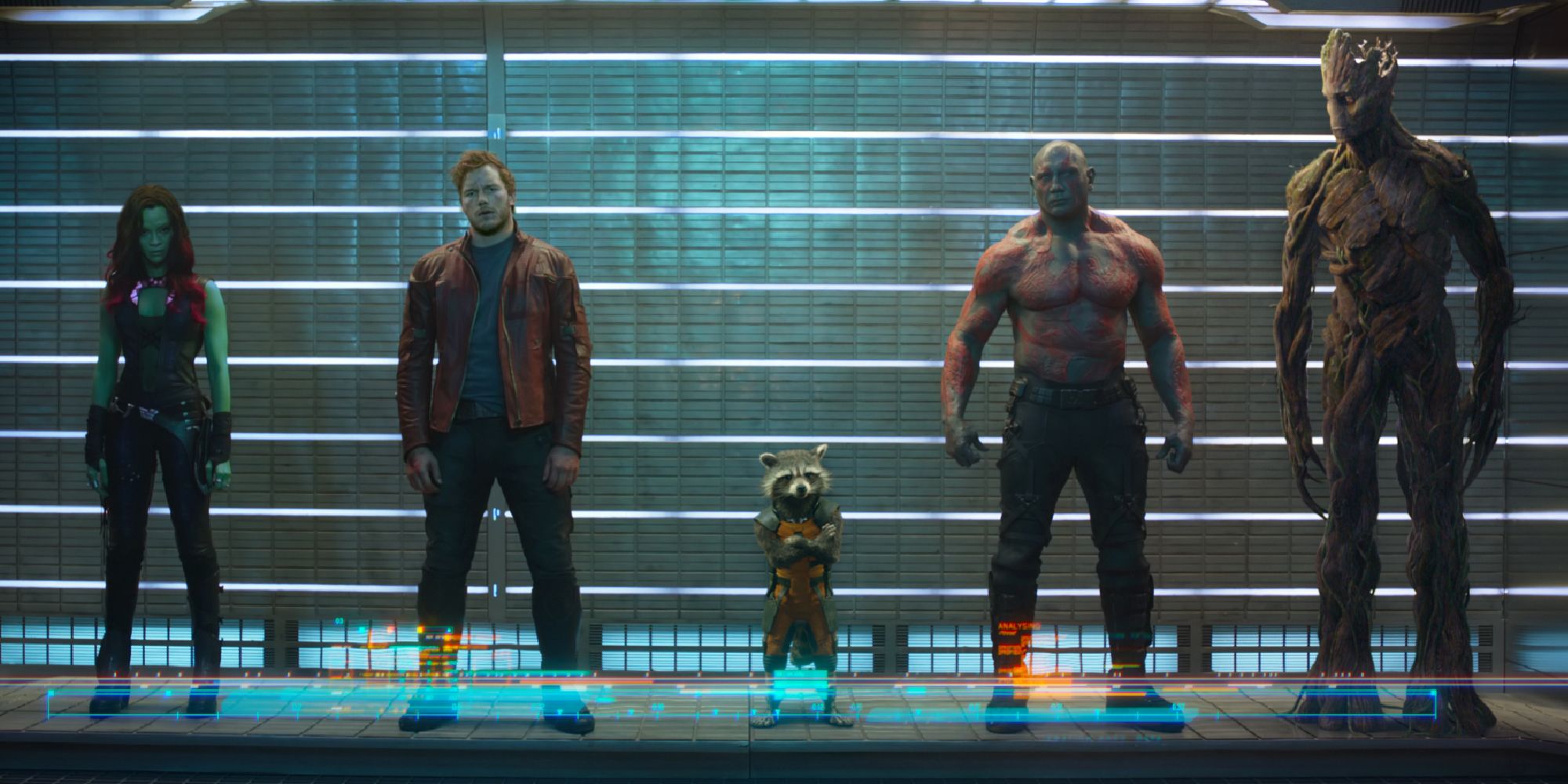 A lineup of Gamora, Peter Quill, Rocket, Drax, and Groot in Guardians 1