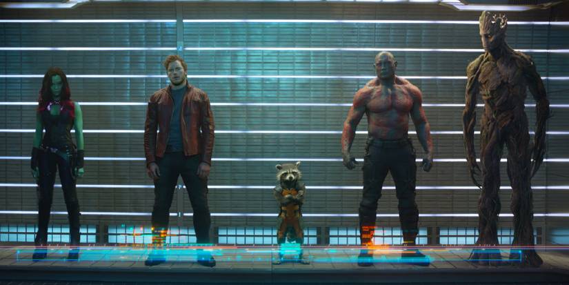 A lineup of Gamora, Peter Quill, Rocket, Drax, and Groot in Guardians 1