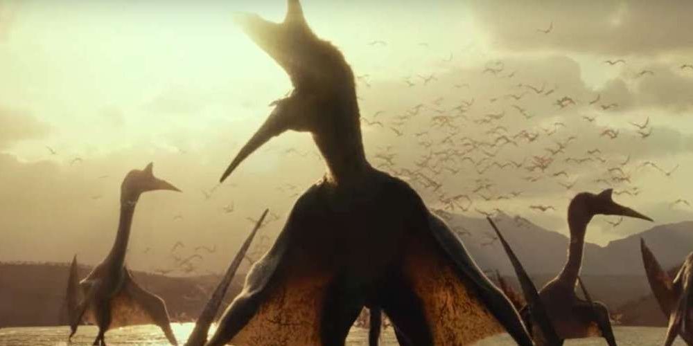 A group of Pteranodons eating the remains of an unknown species from Jurassic World: Dominion.