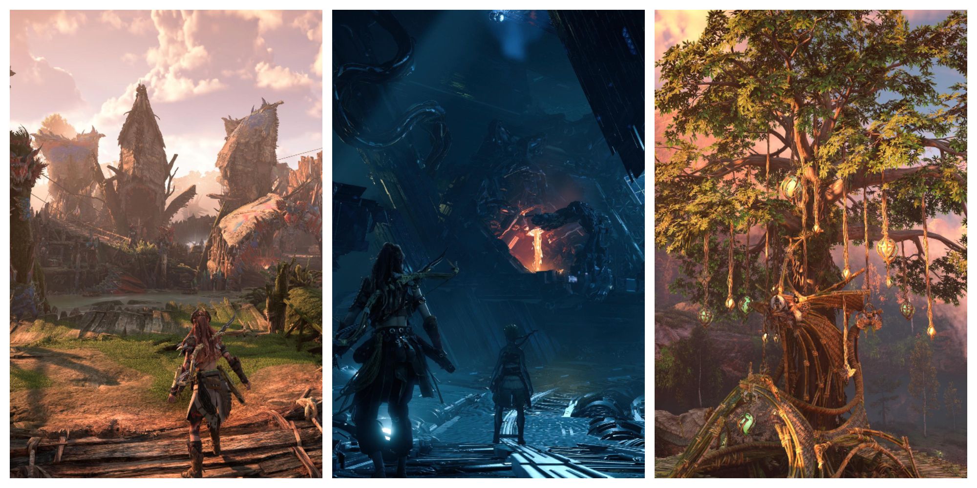 aloy standing at the entrance of a riverside vilage; aloy standing in a dark, metallic chamber with a bright spot in the distance; a large tree with crystal lanterns hanging from the branches