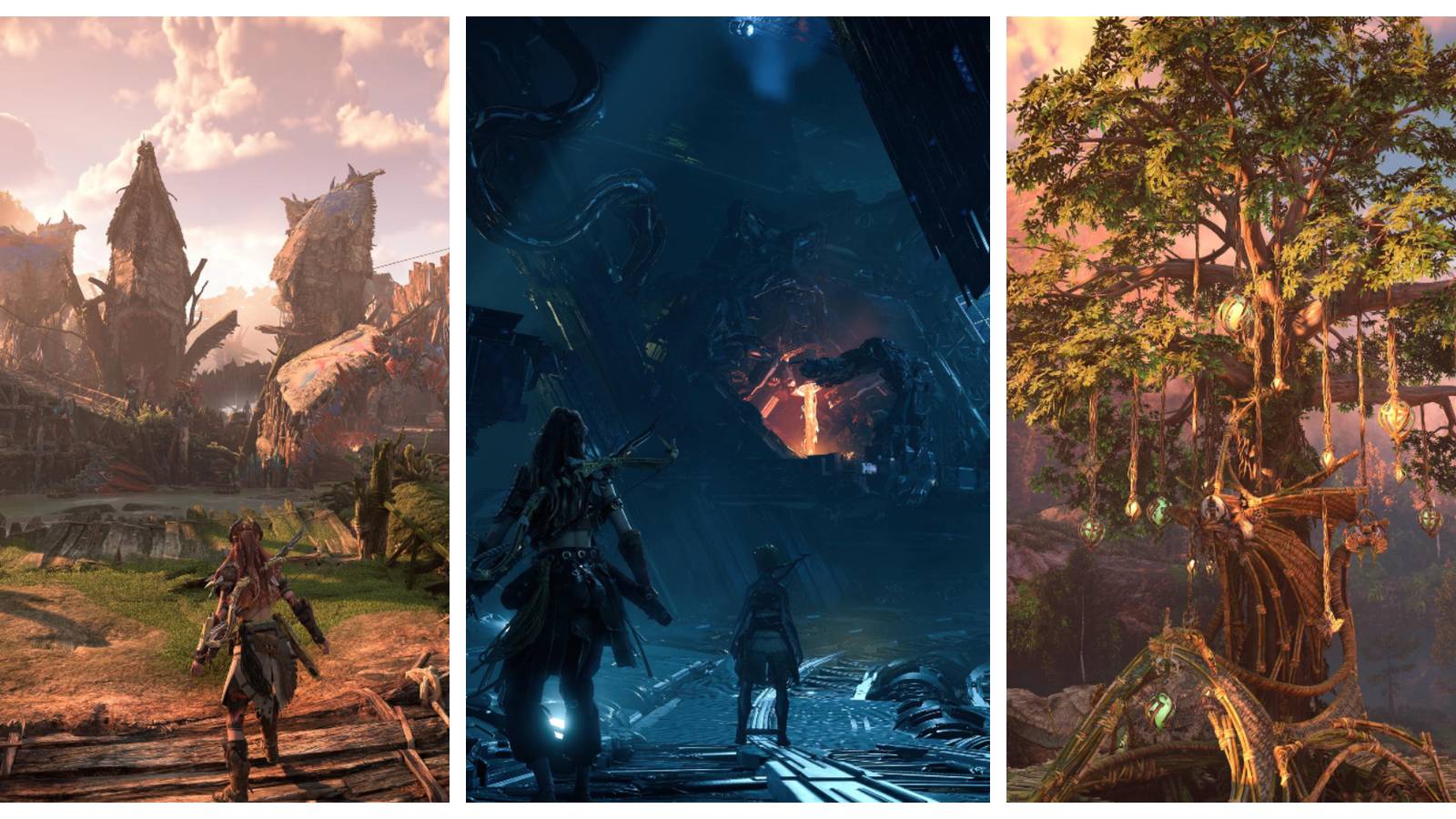 aloy standing at the entrance of a riverside vilage; aloy standing in a dark, metallic chamber with a bright spot in the distance; a large tree with crystal lanterns hanging from the branches