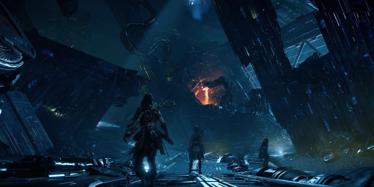 aloy standing in a large, metal structure with slanted pillars holding up the roof and a metal arm pouring lava into a pit in the distance