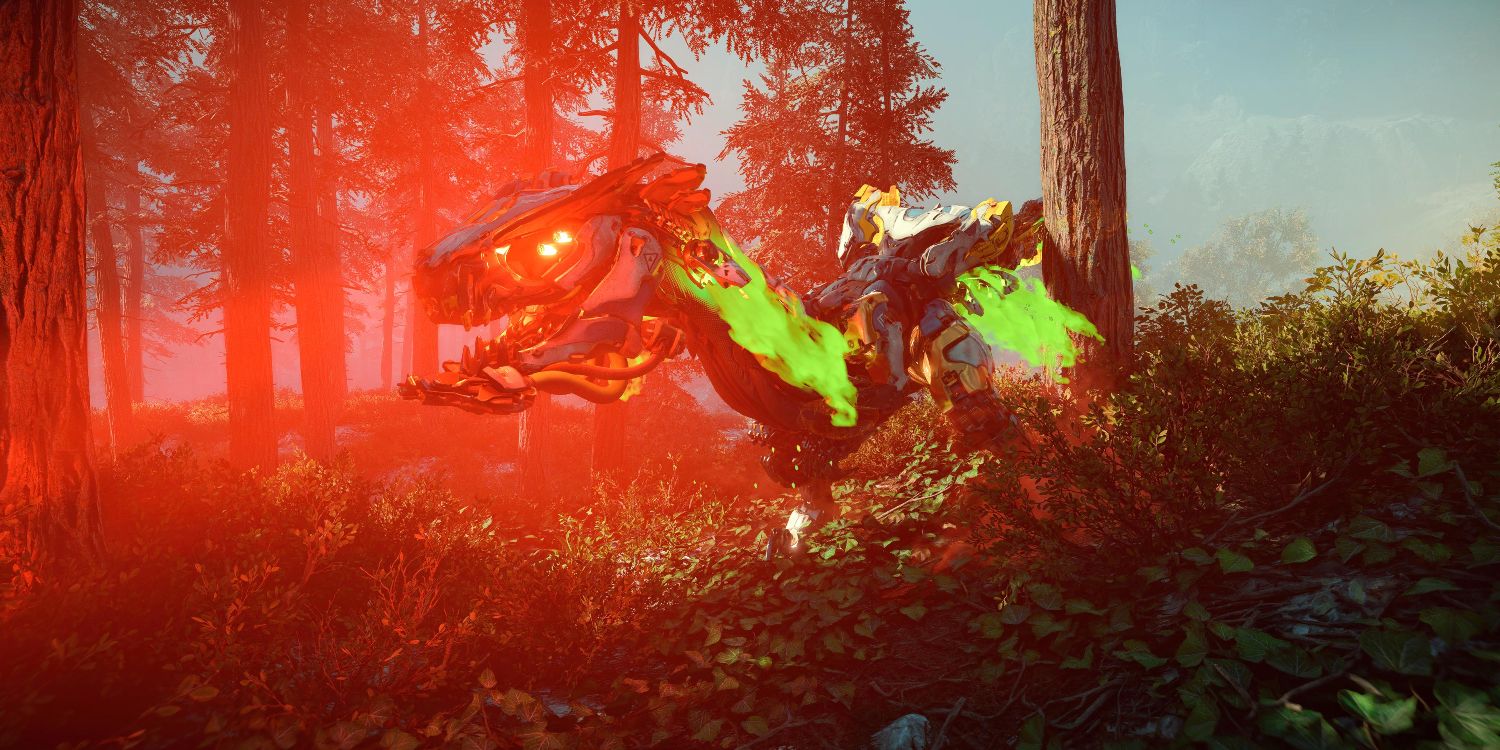 a machine raptor with glowing red eyes and green mist pouring out of its back and neck