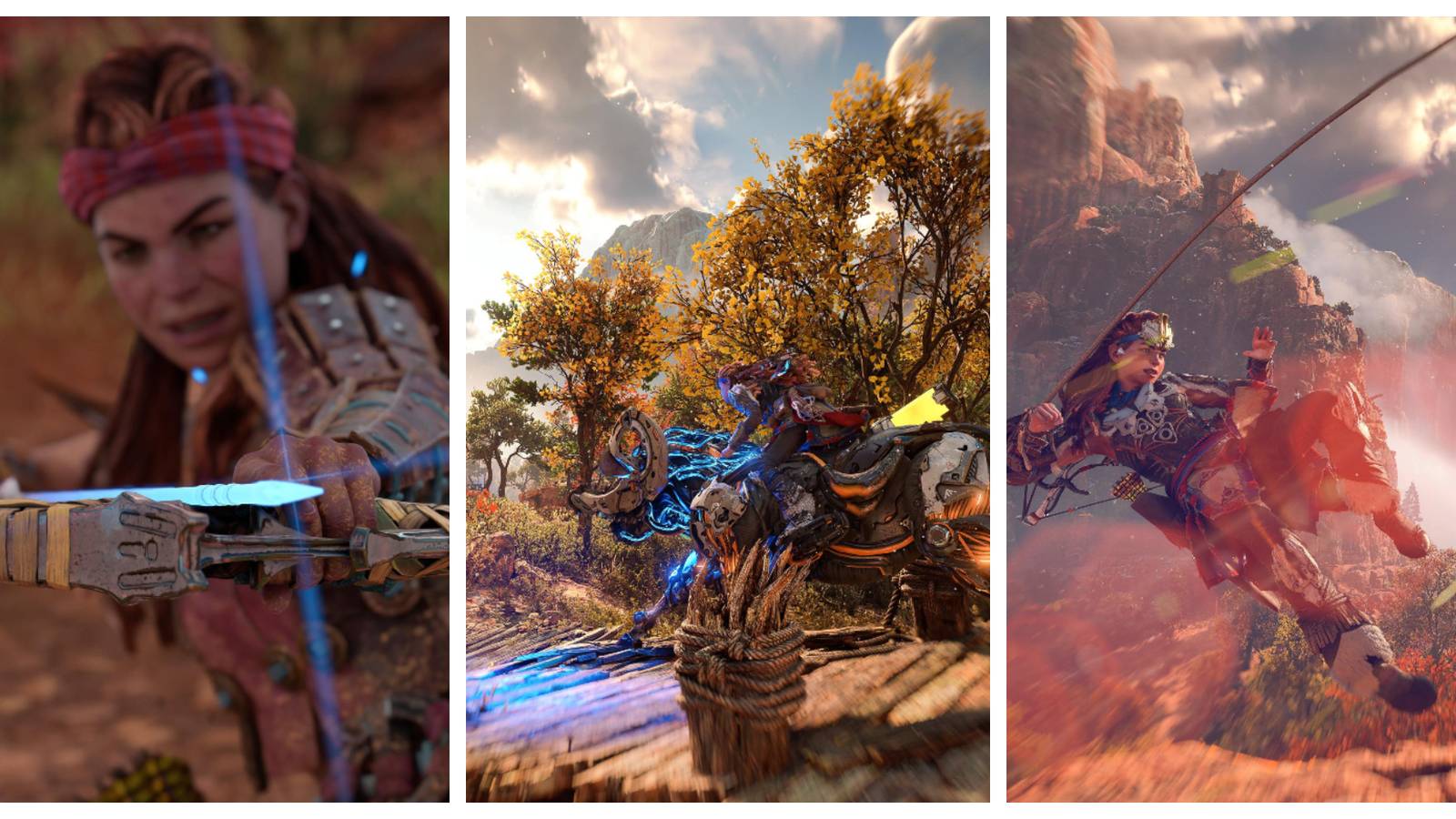 aloy pulling a sharp, blue arrow back; aloy riding a charger machine; aloy pulling herself up through the air with a rope