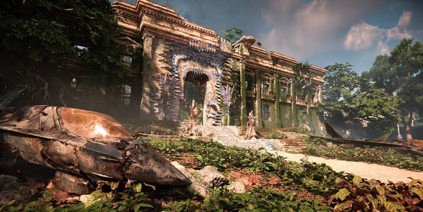 a fighter jet sit on the ground in front of a ruined building with ivy growing on the walls and tribal paint and carving over the doorway