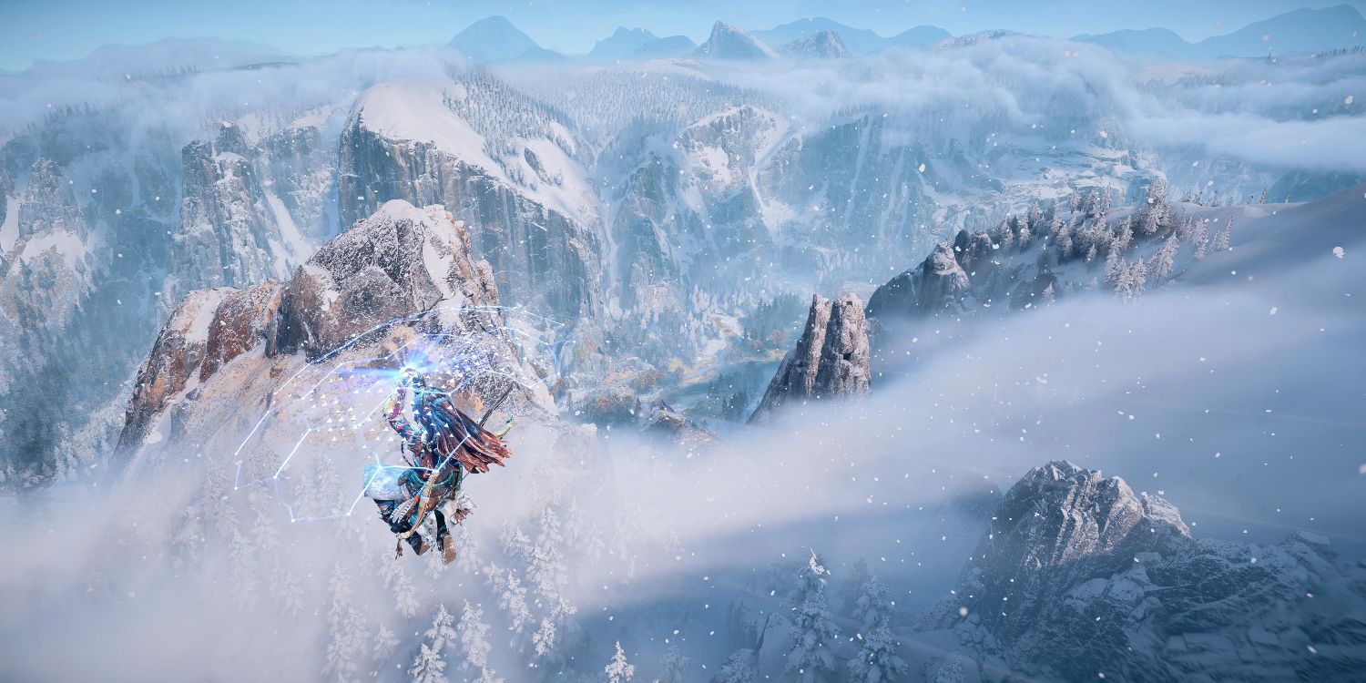 Aloy gliding on with a glowing, translucent over a snowy mountain range 