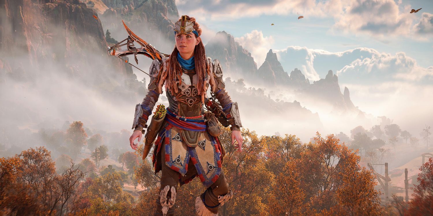 aloy in her nora annointed outfit with leather and metal plates with foggy mountains and trees behind in the distance 