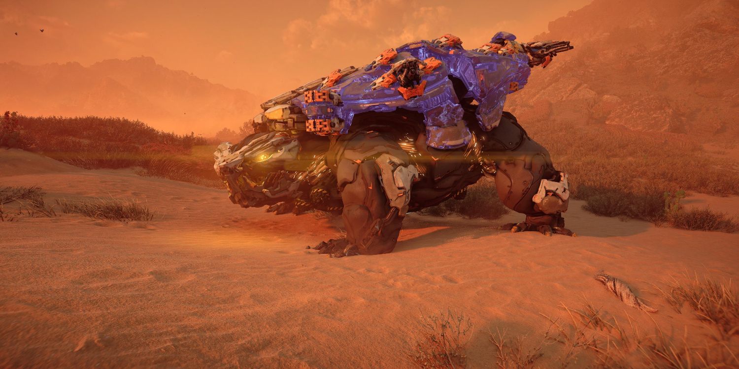 машина-черепаха со светящимися желтыми глазами, стоящая в пустыне