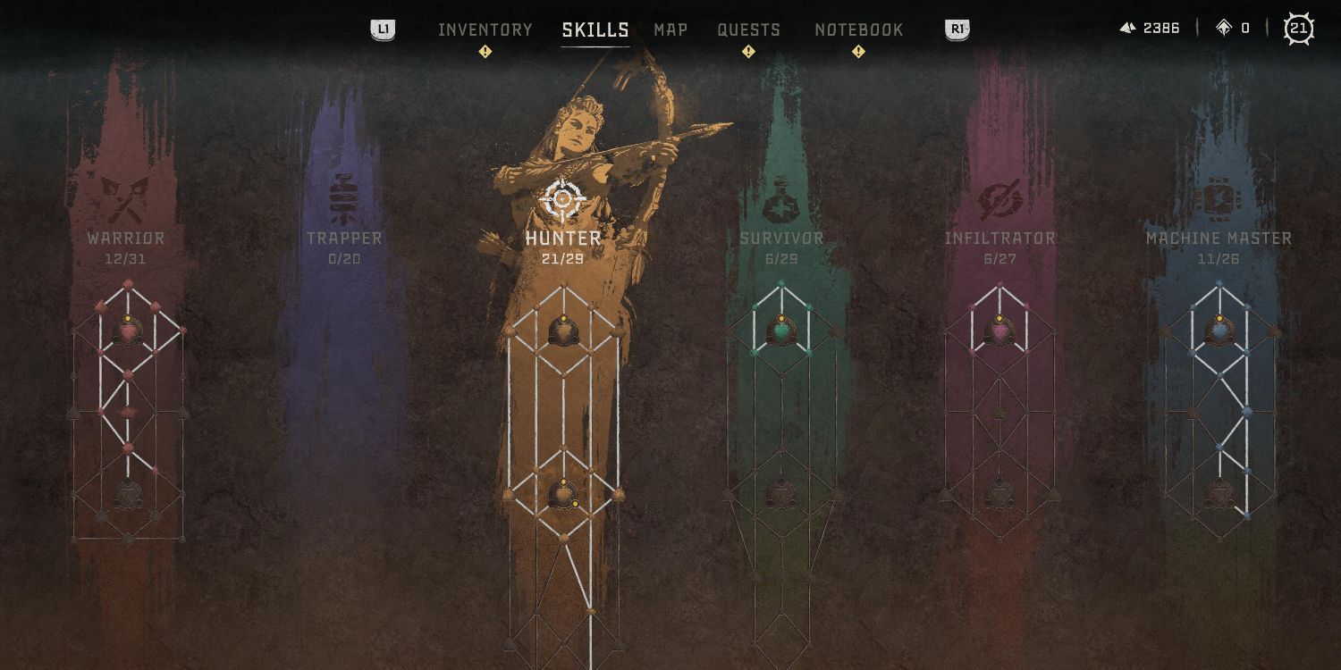 a menu screen showing each of the skill trees in the game: warrior, trapper, hunter, survivor, infiltrator, and machine master