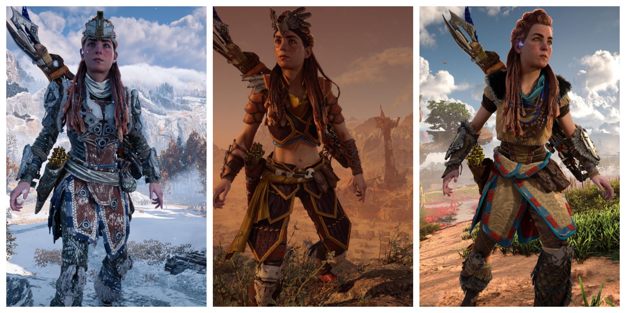 aloy in plated armor standing in a snowy area; aloy in a black and yellow leather armor in a desert; aloy in beige leather standing a grassy field