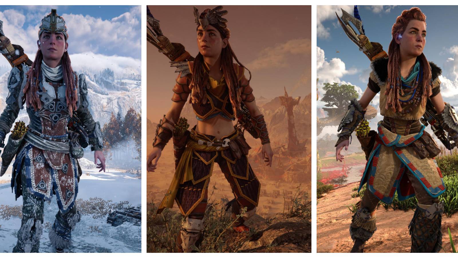 aloy in plated armor standing in a snowy area; aloy in a black and yellow leather armor in a desert; aloy in beige leather standing a grassy field