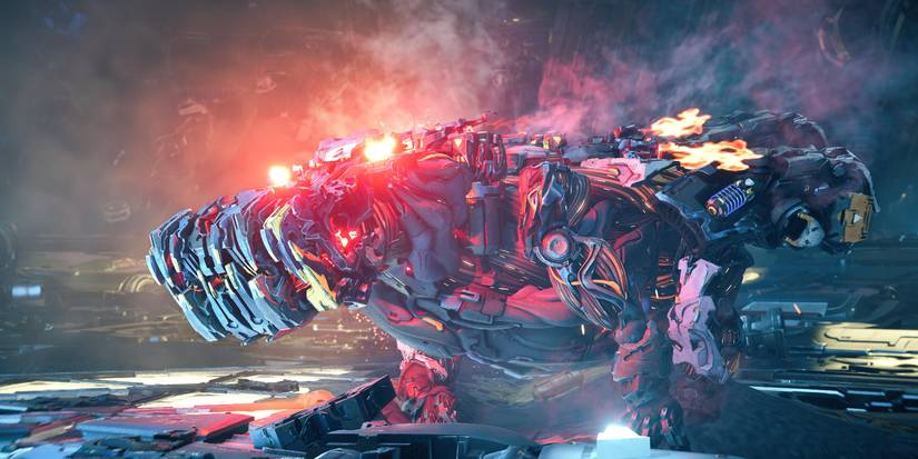 a hippo-like machine with glowing red eyes 