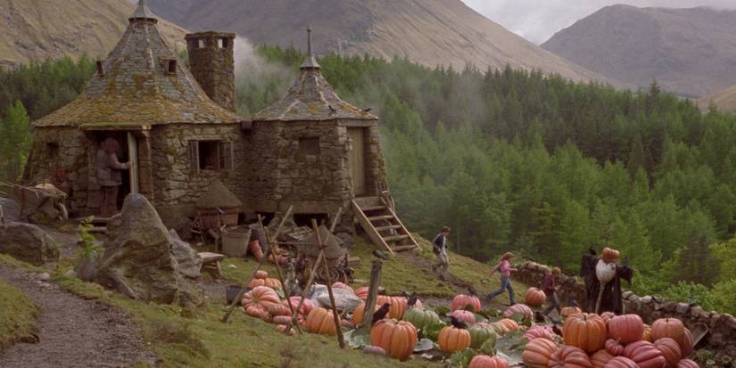 Harry Potter, Hermione, and Ron run from Hagrid's Hut in Prison of Azkaban. Pumpkins in foreground