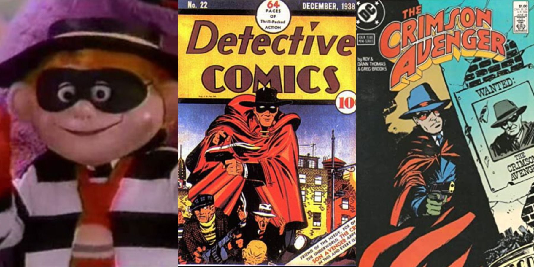 A split image features the Hamburglar, the original comic book appearance of the Crimson Avenger, and an adapted Crimson Avenger