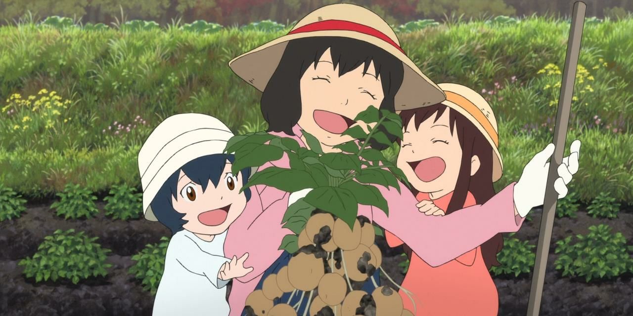 Hana with her two kids in Wolf Children