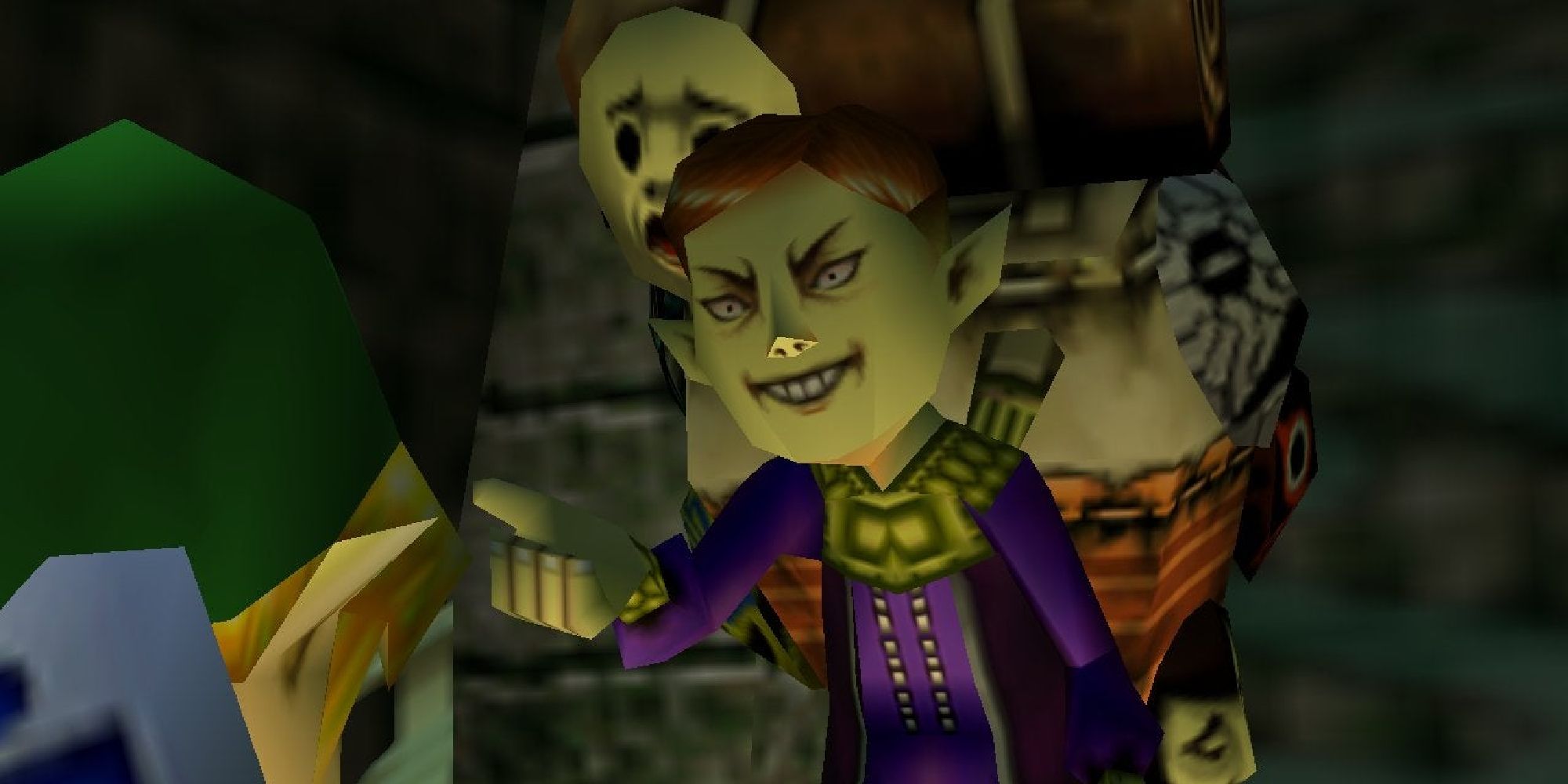 The Happy Mask Salesman looking angry talking to Link in Majora's Mask