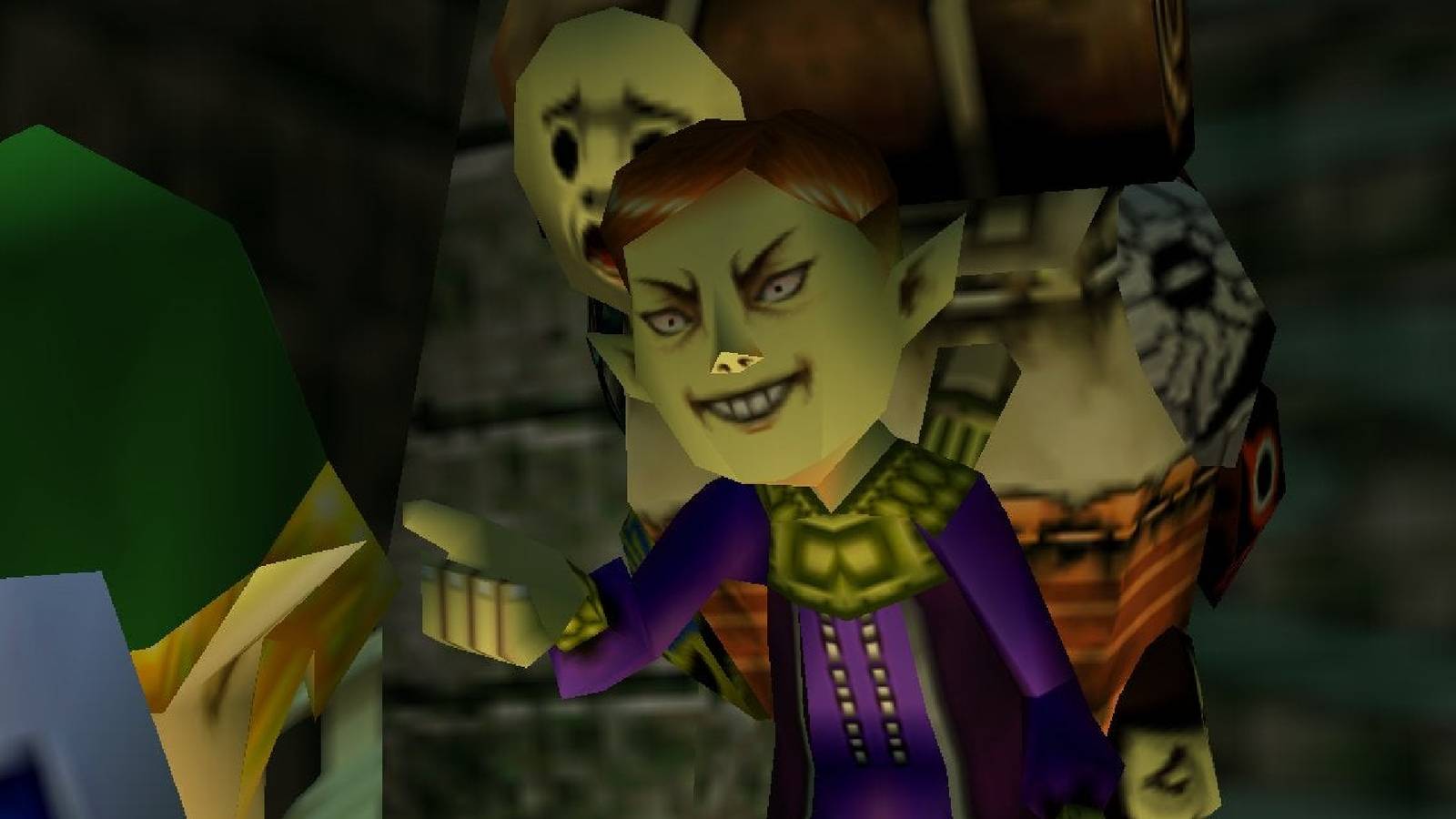 The Happy Mask Salesman looking angry talking to Link in Majora's Mask