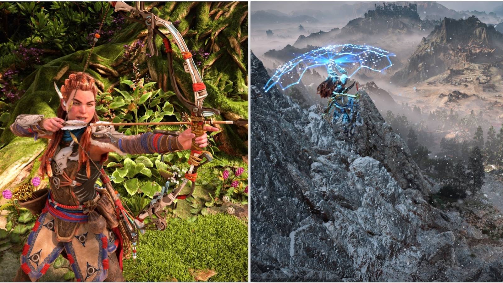 Aloy and flying on the shieldwing in Horizon: Forbidden West
