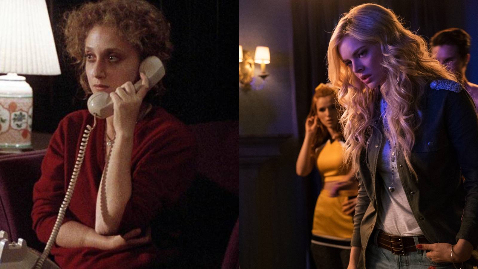 Split image of Carol Kane in When A Stranger Calls and Samara Weaving in The Babysitter