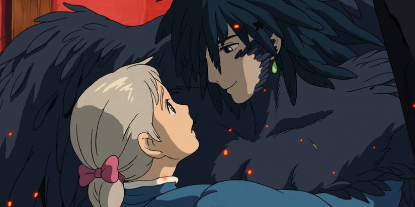 Howl in his bird form holding a young Sophie with grey hair
