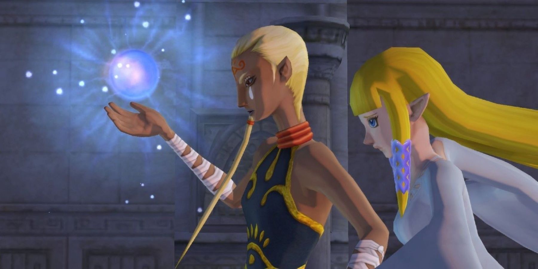 Импа и Зельда стоят на Запечатанных землях в The Legend of Zelda: Skyward Sword