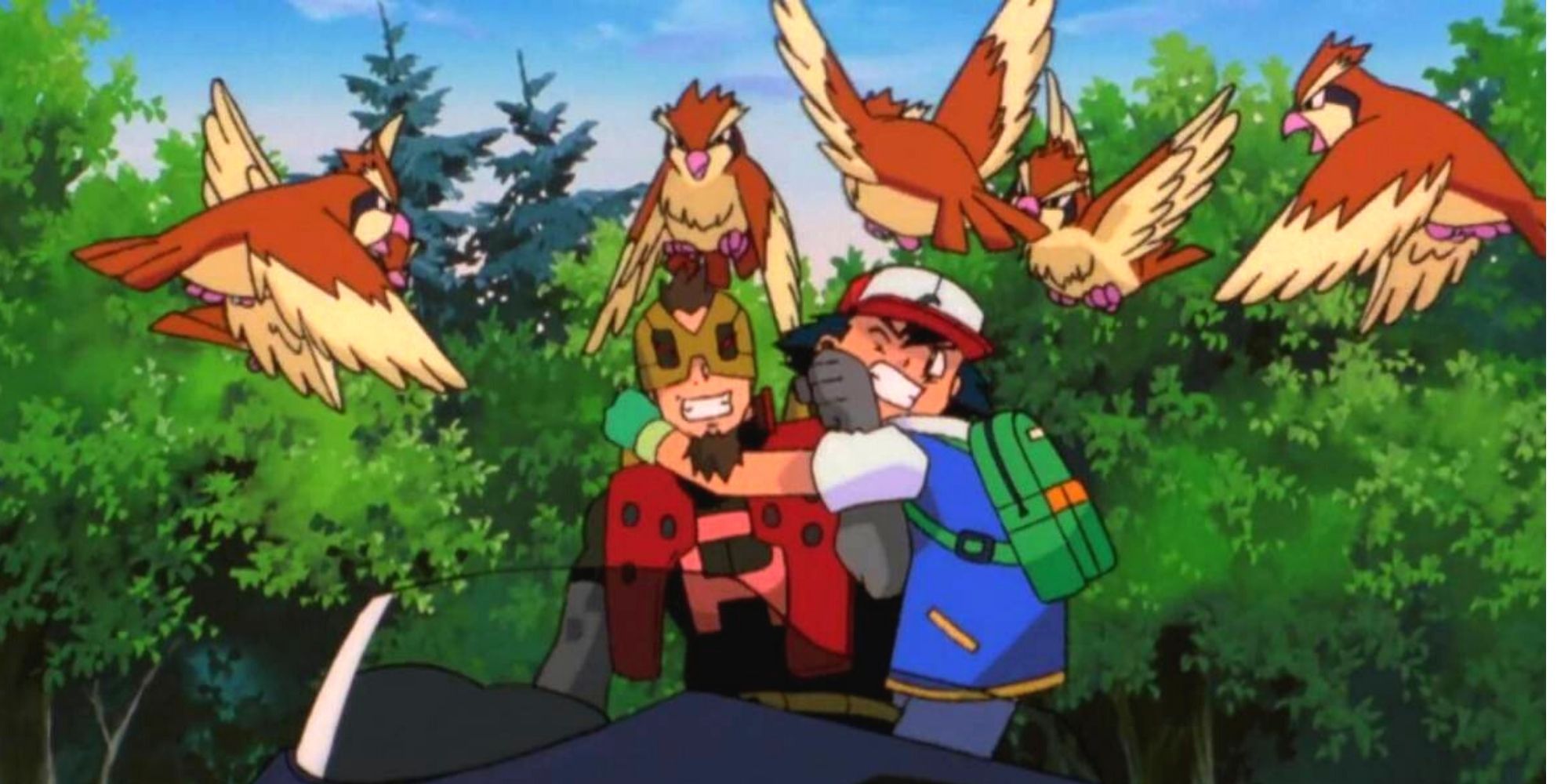 Pokemon: Team Rocket's Iron Masked Marauder Fights Ash While Being Attacked By A Flock Of Wild Pidgeys