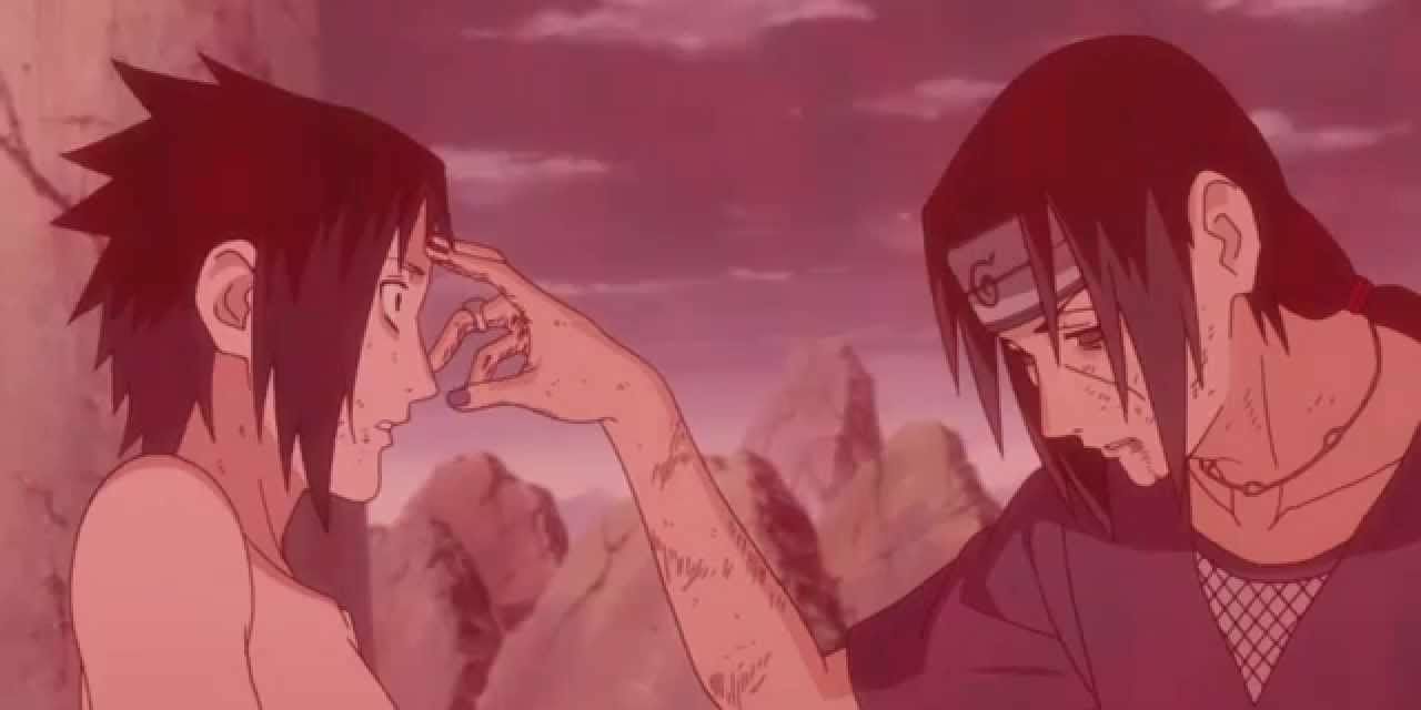 Itachi pokes Sasuke on his forehead