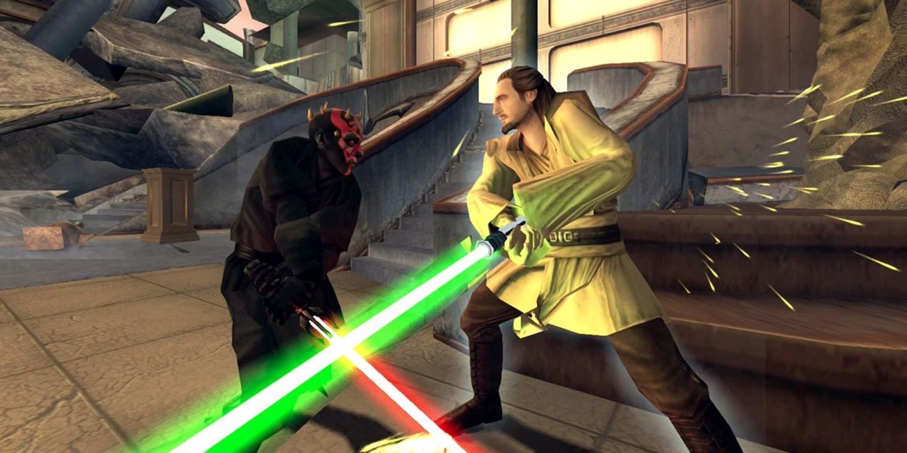 Darth Maul and Qui-Gon Jinn locking lightsabers in Star Wars: The Force Unleashed's duel mode