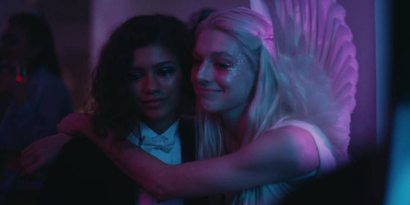 Jules hugging Rue at a party in Euphoria