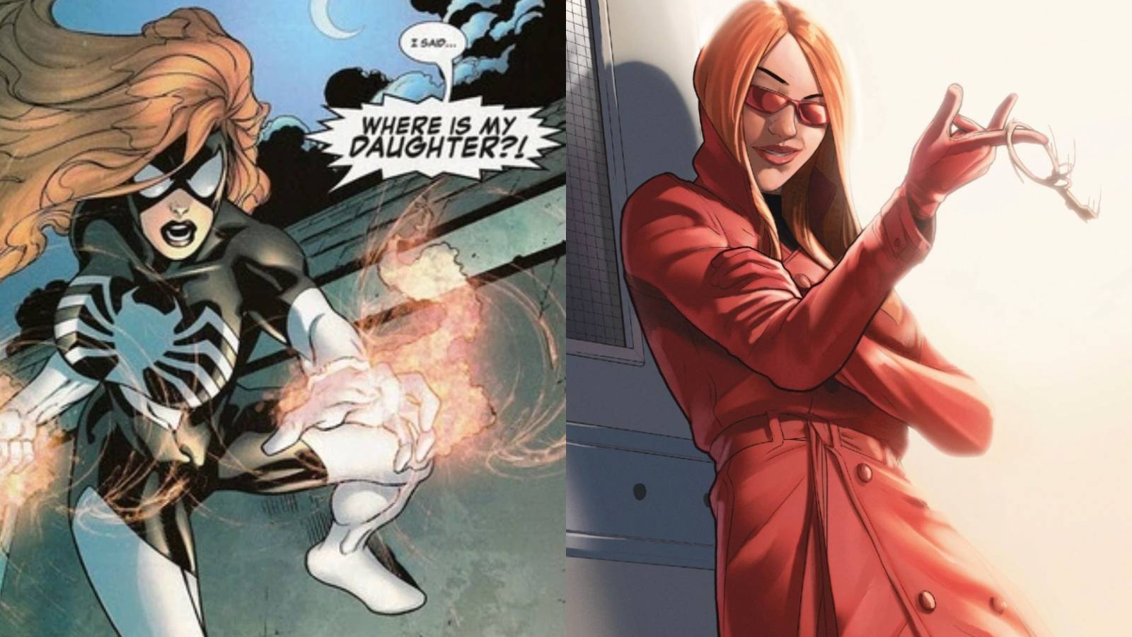 A split image features Julia Carpenter as Spider-Woman and as Madame Web in Marvel comics