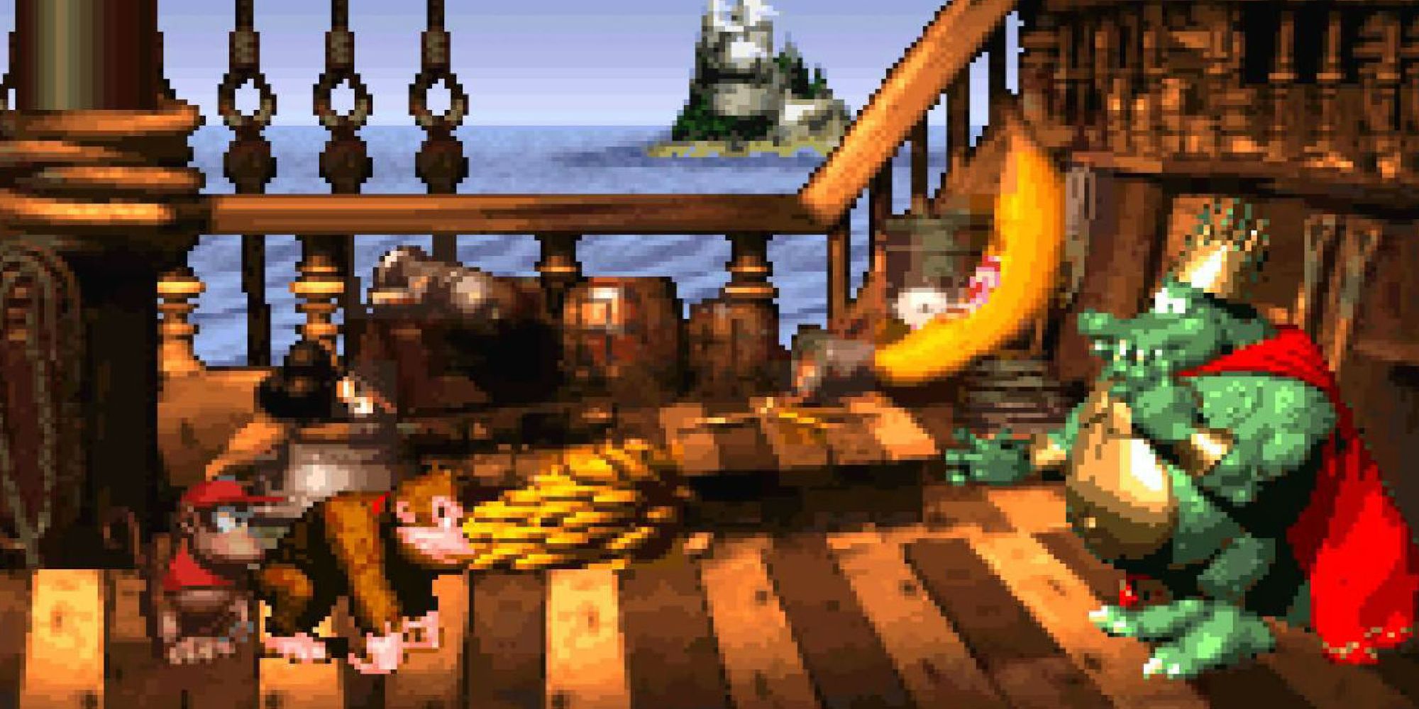 Donkey Kong and Diddy Kong battling King K. Rool on a pirate ship in Donkey Kong Country