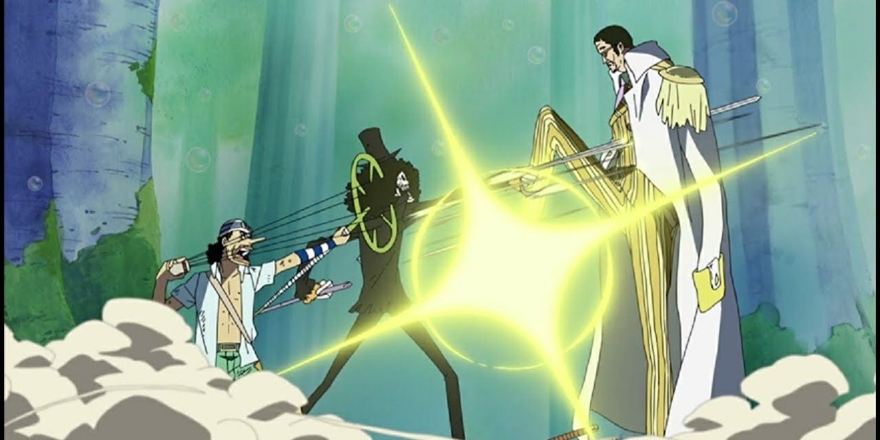 Kizaru fighting Brook and Usopp